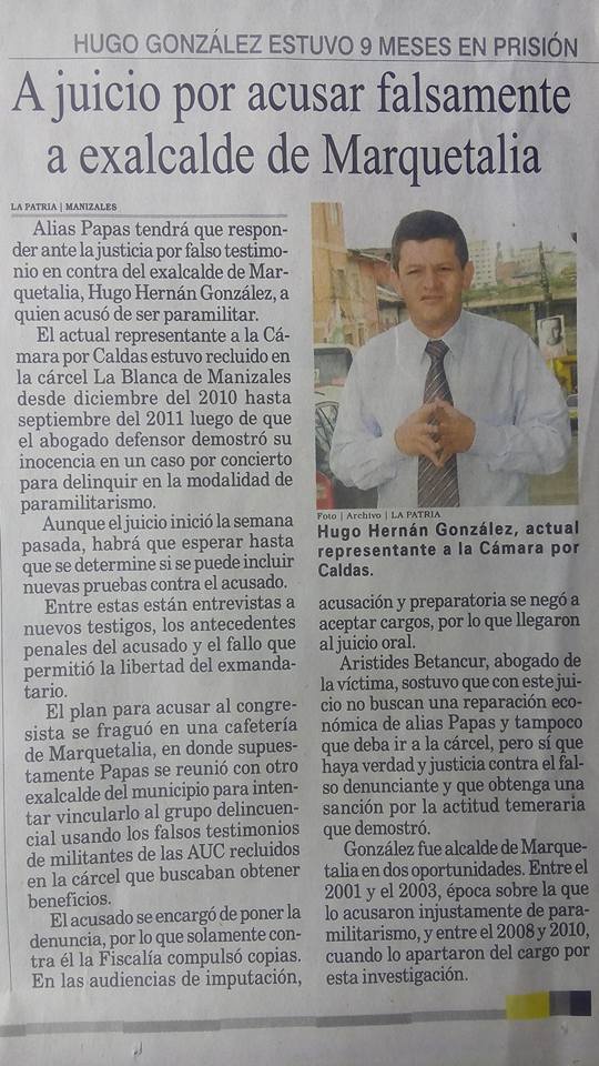 A JUICIO POR ACUSAR FALSAMENTE A EXALCALDE DE MARQUETALIA (CALDAS)