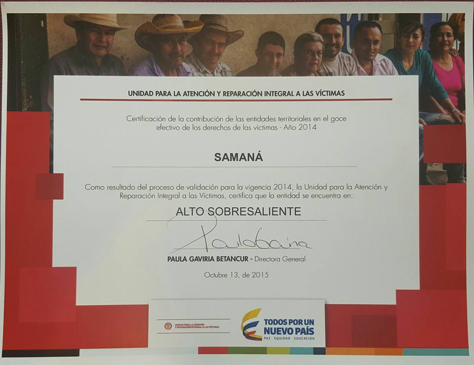 SAMAN� ESTA ENTRE LOS MEJORES MUNICIPIOS DEL PA�S EN CUANTO A MANEJO Y APOYO A LAS VICTIMAS.