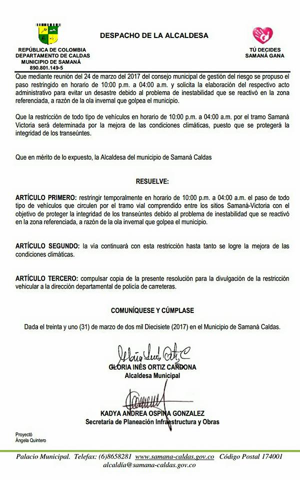 Restricci�n de paso vehicular entre las 10:00 pm y las 4:00 am Saman�