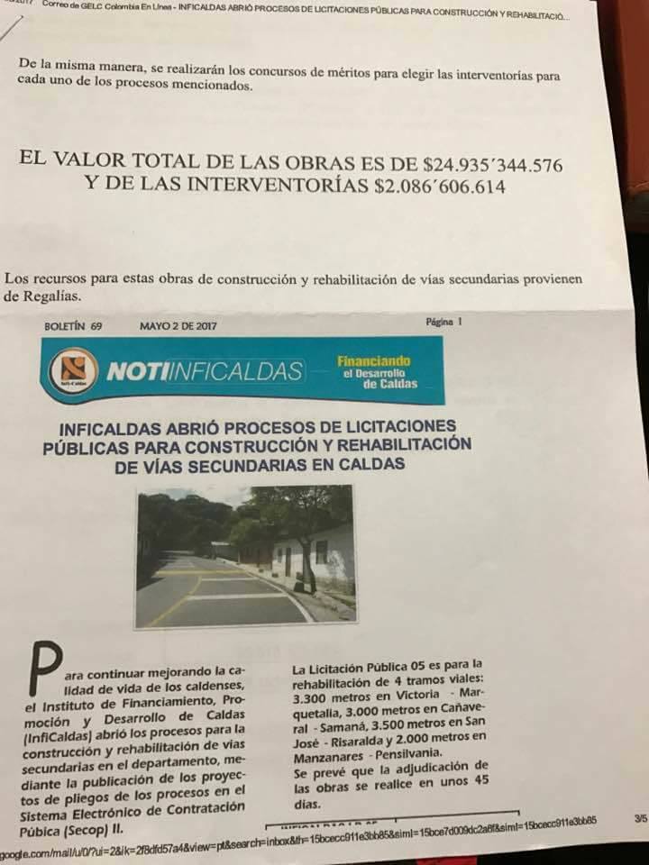 Inficaldas abre licitaci�n P�blica Construcci�n v�a Ca�averal Saman�