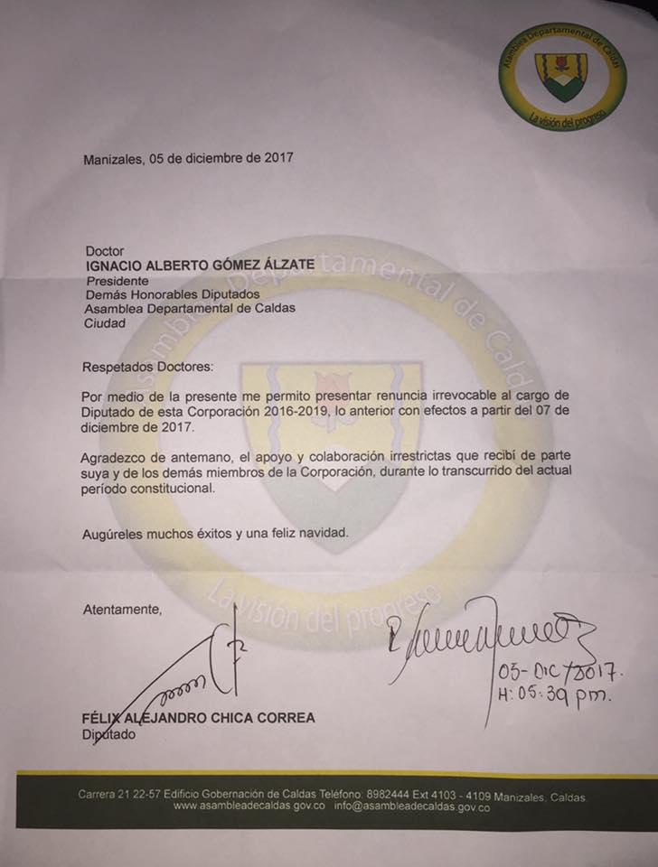 FELIX CHICA RENUNCIAR� A LA ASAMBLEA