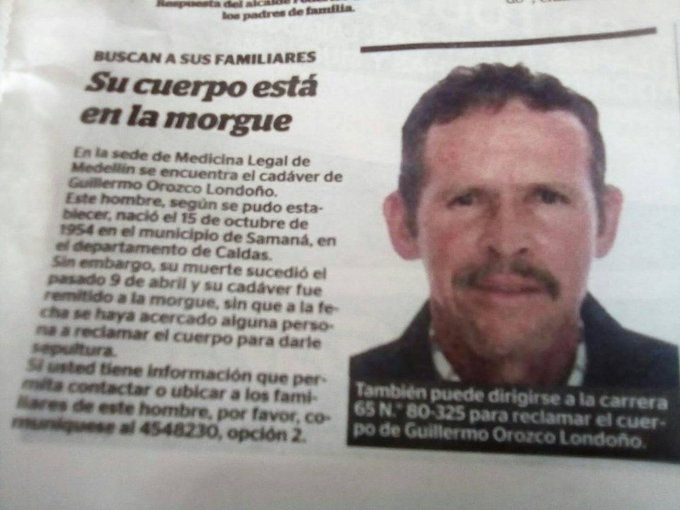 SU CUERPO EST� EN LA MORGUE DE MEDELL�N