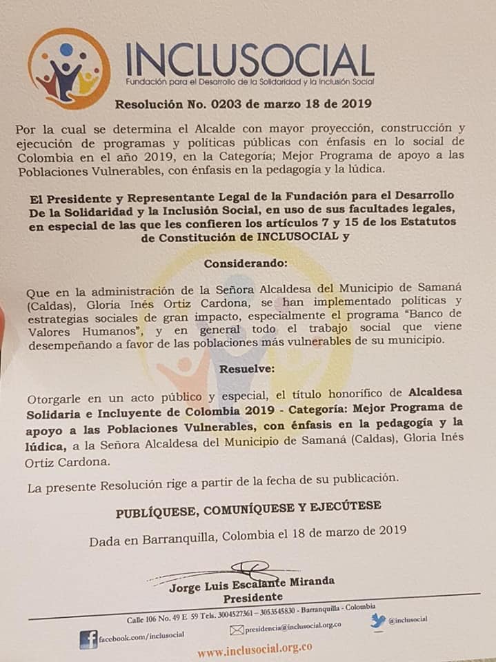 GLORIA IN�S ORT�Z CARDONA - ALCALDESA SOLIDARIA E INCLUYENTE DE COLOMBIA 2019