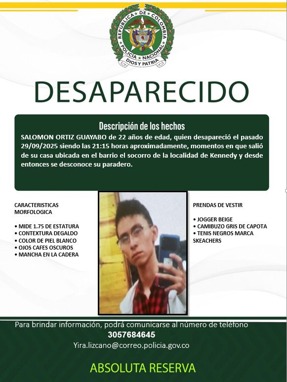 DESAPARICI�N DE SALOM�N, HIJO DE GERM�N ORTIZ, BARRIO EL SOCORRO LOCALIDAD KENNEDY