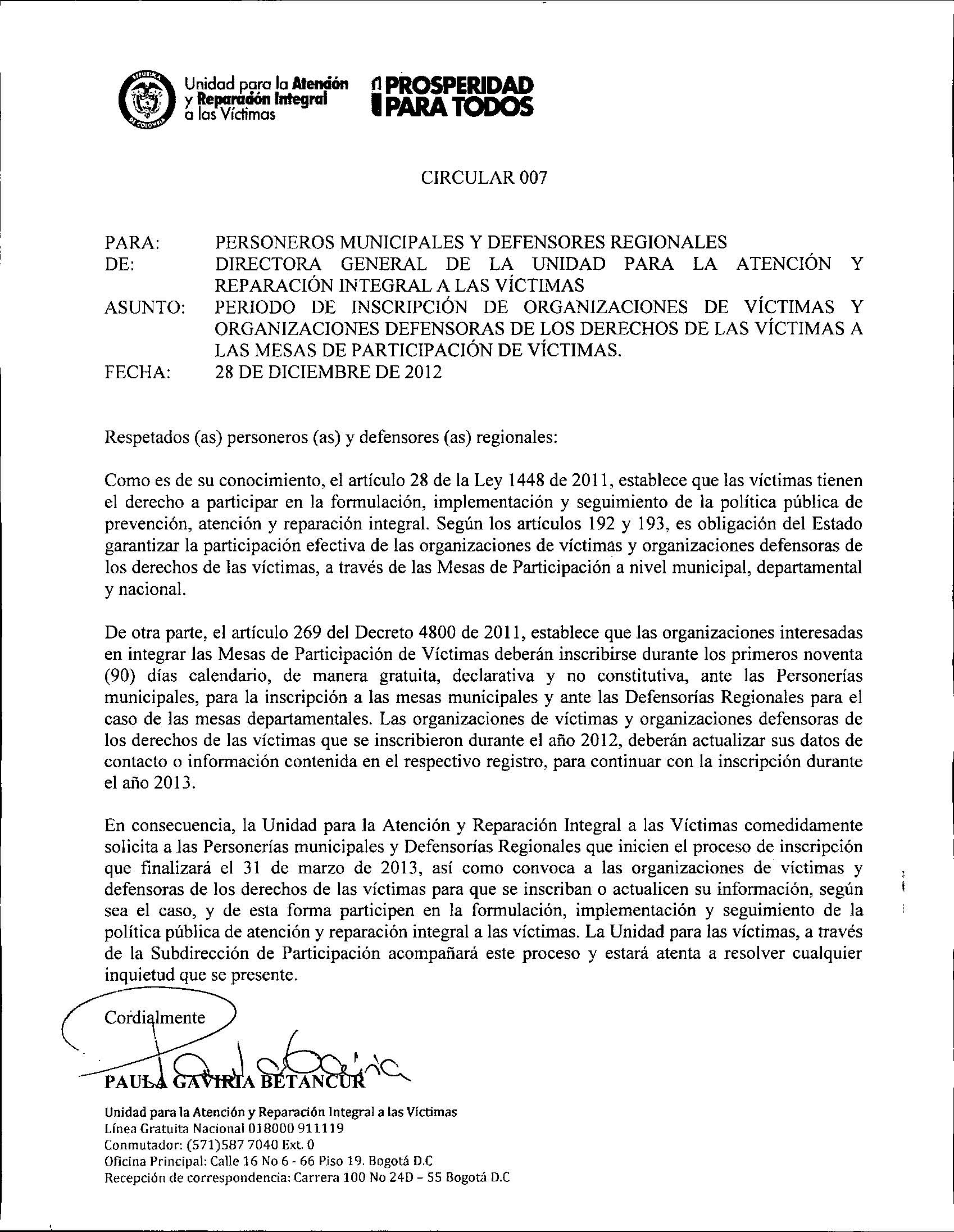 INSCRIPCIONES A LAS ORGANIZACIONES DE VICTIMAS